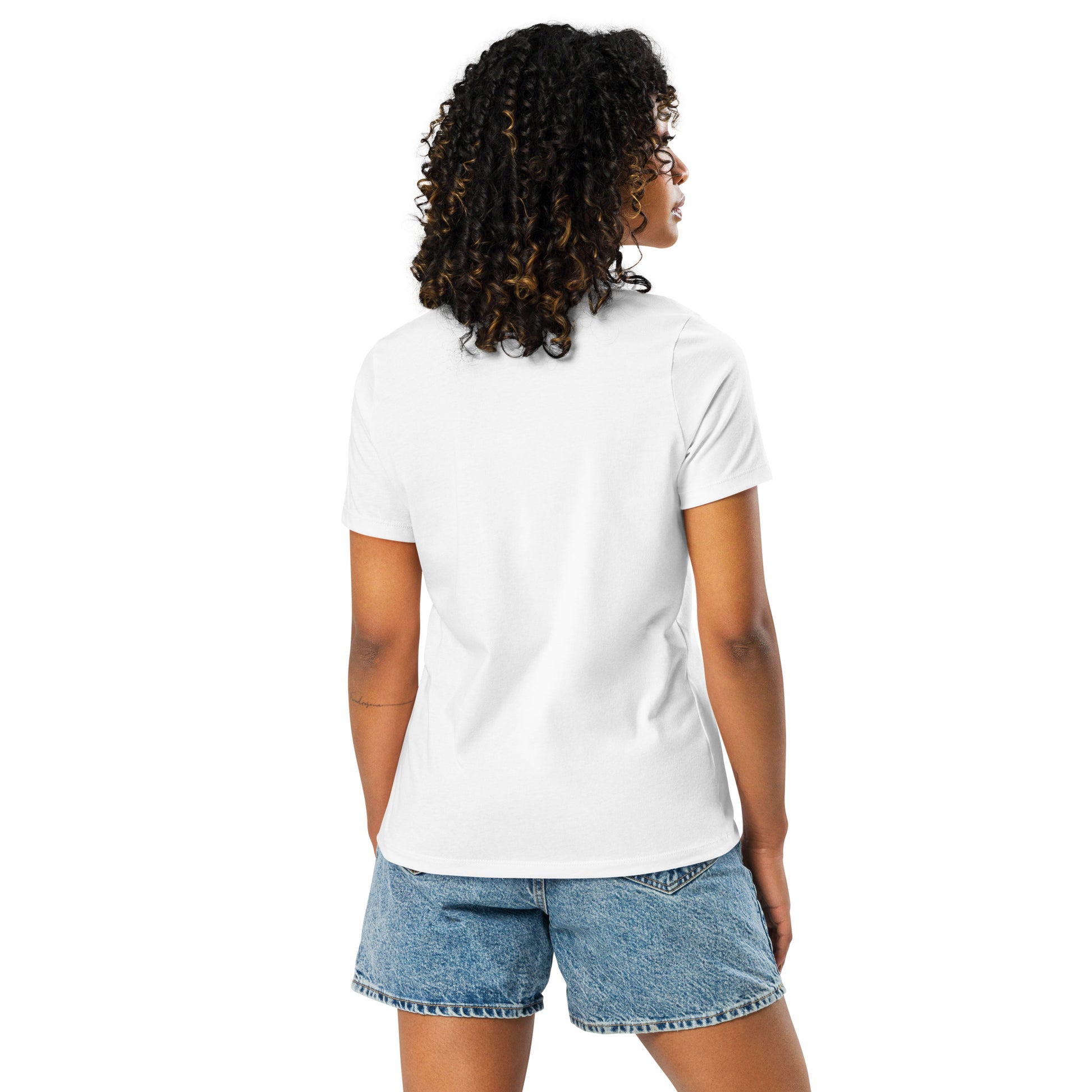 Back view of woman wearing white short-sleeve EverHardy t-shirt.